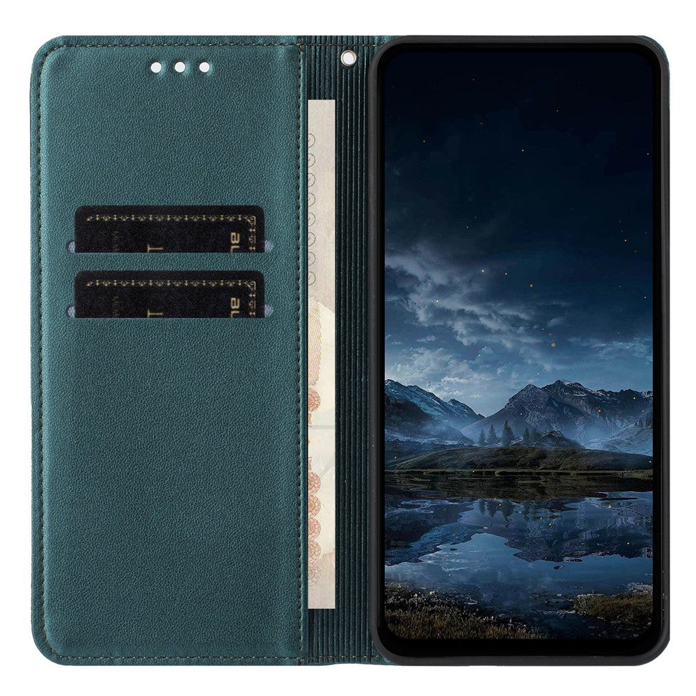 For iPhone 17 Pro Max Wallet Case Line Imprinted Leather Stand Phone Cover with Wrist Strap - Green