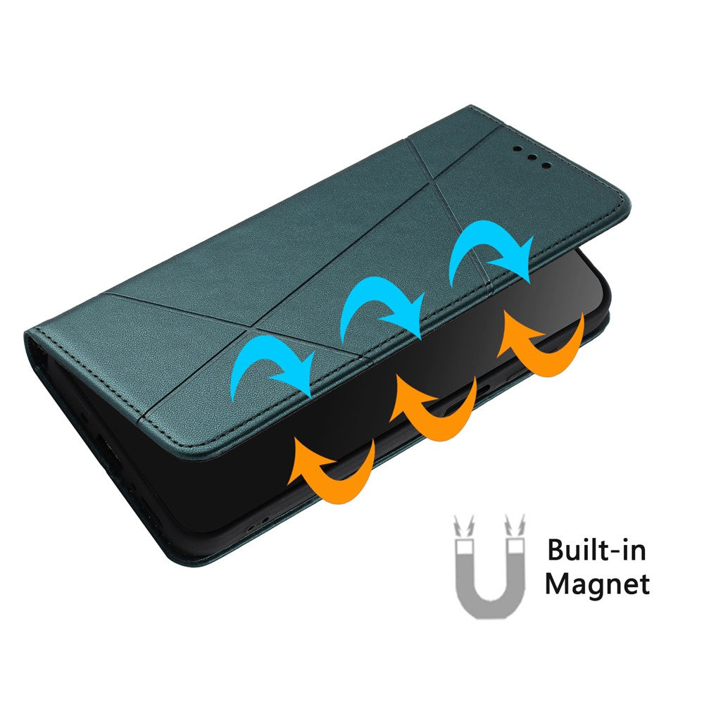 For iPhone 17 Pro Max Wallet Case Line Imprinted Leather Stand Phone Cover with Wrist Strap - Green