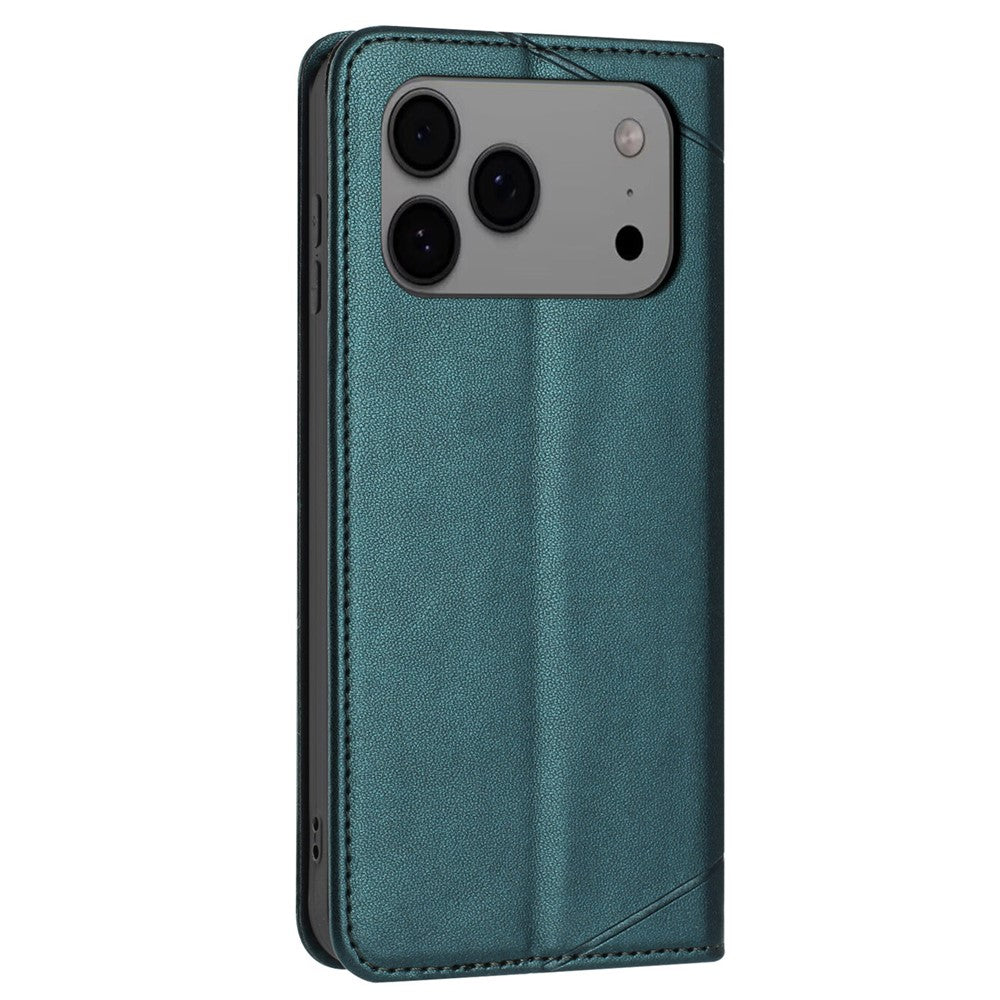 For iPhone 17 Pro Max Wallet Case Line Imprinted Leather Stand Phone Cover with Wrist Strap - Green