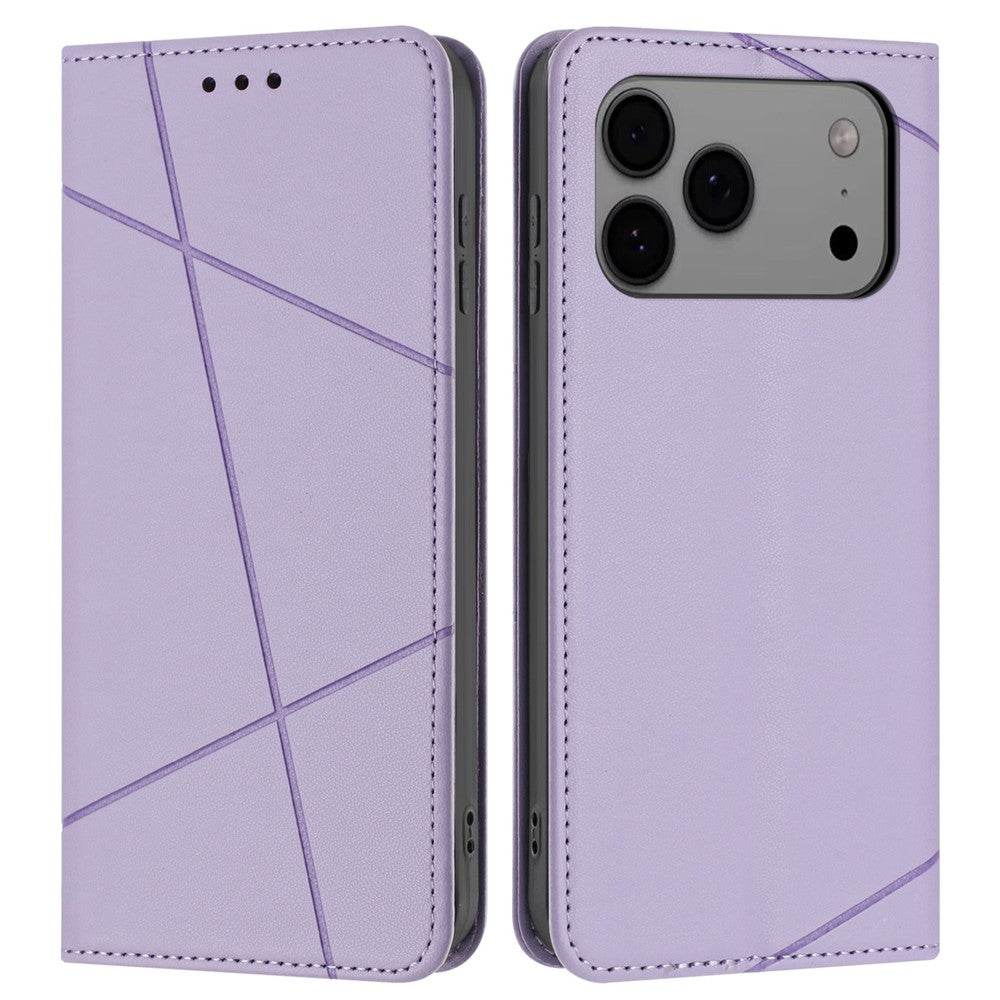 For iPhone 17 Pro Max Wallet Case Line Imprinted Leather Stand Phone Cover with Wrist Strap - Purple