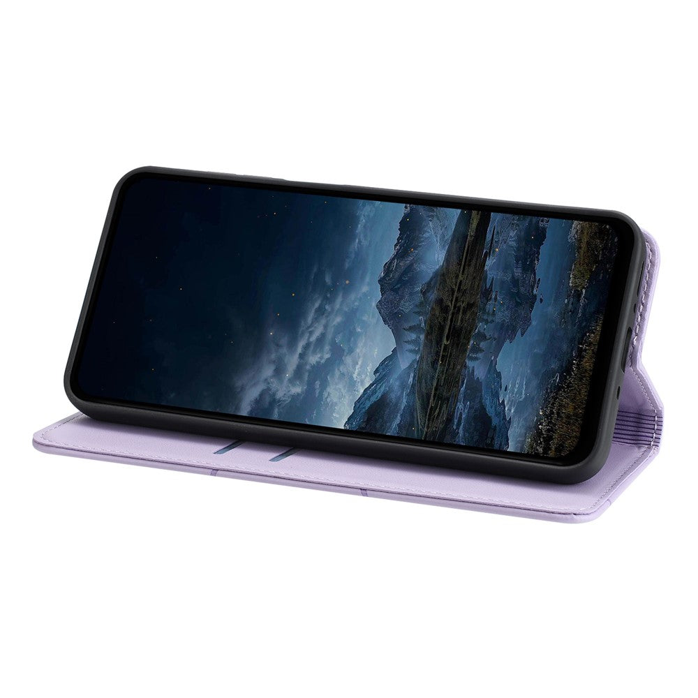 For iPhone 17 Pro Max Wallet Case Line Imprinted Leather Stand Phone Cover with Wrist Strap - Purple