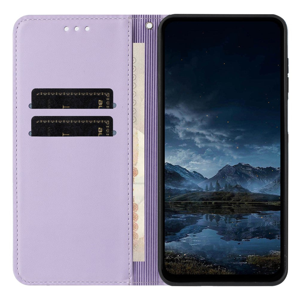 For iPhone 17 Pro Max Wallet Case Line Imprinted Leather Stand Phone Cover with Wrist Strap - Purple