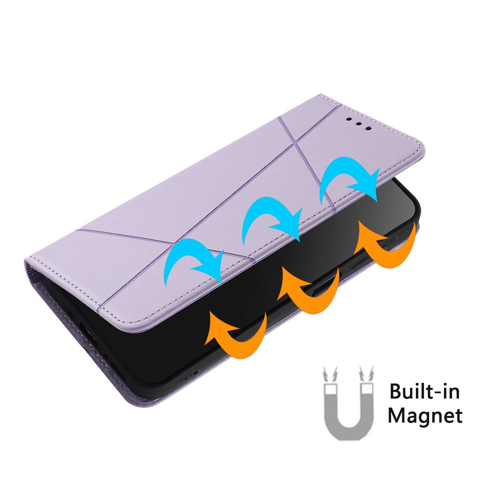 For iPhone 17 Pro Max Wallet Case Line Imprinted Leather Stand Phone Cover with Wrist Strap - Purple