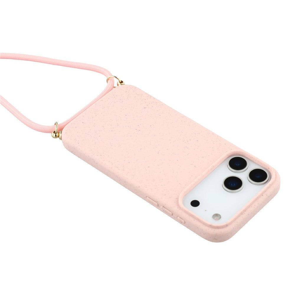 For iPhone 17 Pro Max Case Biodegradable Wheat Straw + TPU Eco-Friendly Phone Cover with Lanyard - Pink