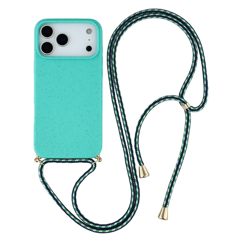 For iPhone 17 Pro Max Case Biodegradable Wheat Straw + TPU Eco-Friendly Phone Cover with Lanyard - Sky Blue