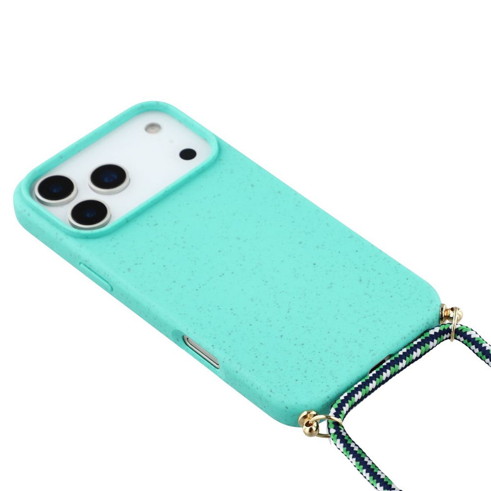 For iPhone 17 Pro Max Case Biodegradable Wheat Straw + TPU Eco-Friendly Phone Cover with Lanyard - Sky Blue