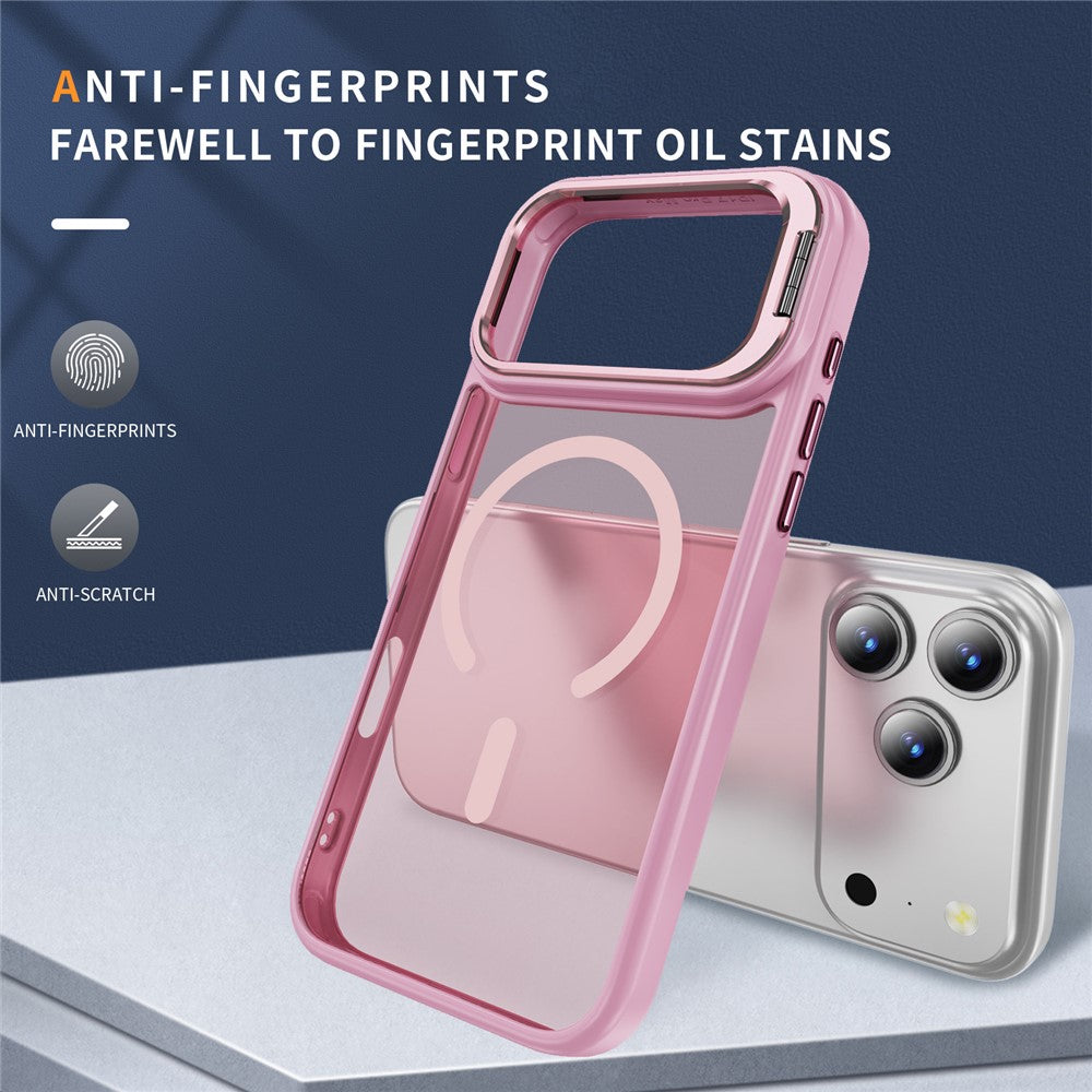 For iPhone 17 Pro Max Magnetic Case with Lens Kickstand Skin-Touch PC + TPU Phone Cover - Transparent Pink