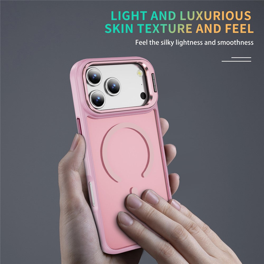 For iPhone 17 Pro Max Magnetic Case with Lens Kickstand Skin-Touch PC + TPU Phone Cover - Transparent Pink