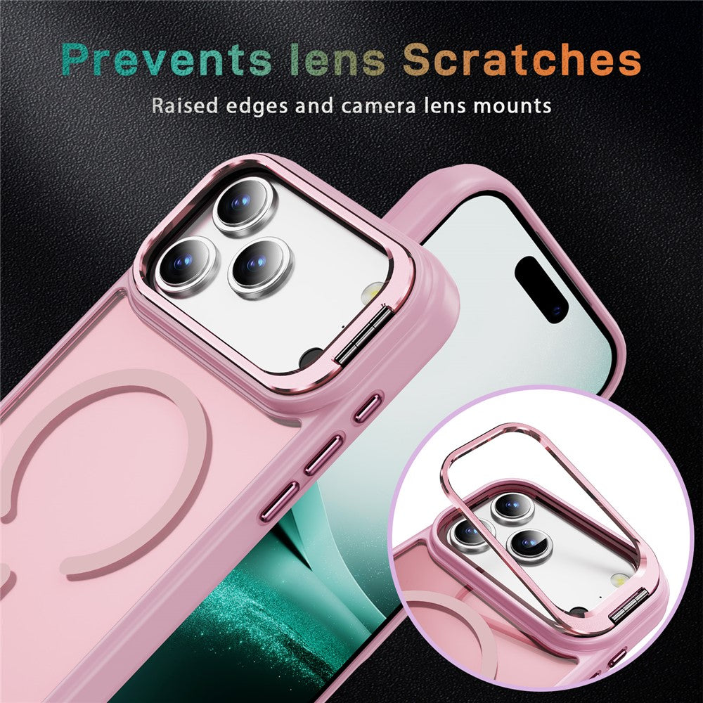 For iPhone 17 Pro Max Magnetic Case with Lens Kickstand Skin-Touch PC + TPU Phone Cover - Transparent Pink