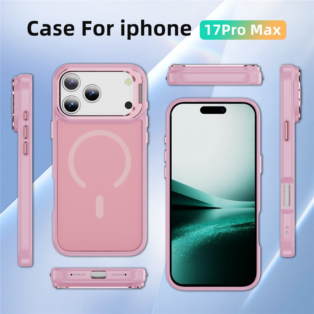 For iPhone 17 Pro Max Magnetic Case with Lens Kickstand Skin-Touch PC + TPU Phone Cover - Transparent Pink