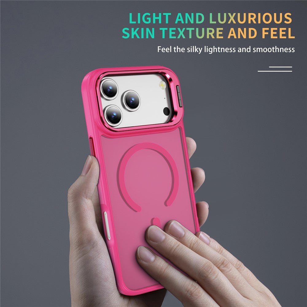 For iPhone 17 Pro Max Magnetic Case with Lens Kickstand Skin-Touch PC + TPU Phone Cover - Pink