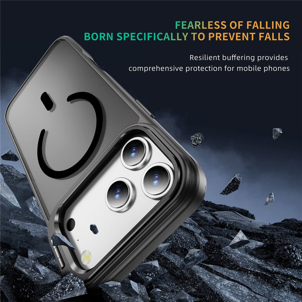 For iPhone 17 Pro Max Magnetic Case with Lens Kickstand Skin-Touch PC + TPU Phone Cover - Black