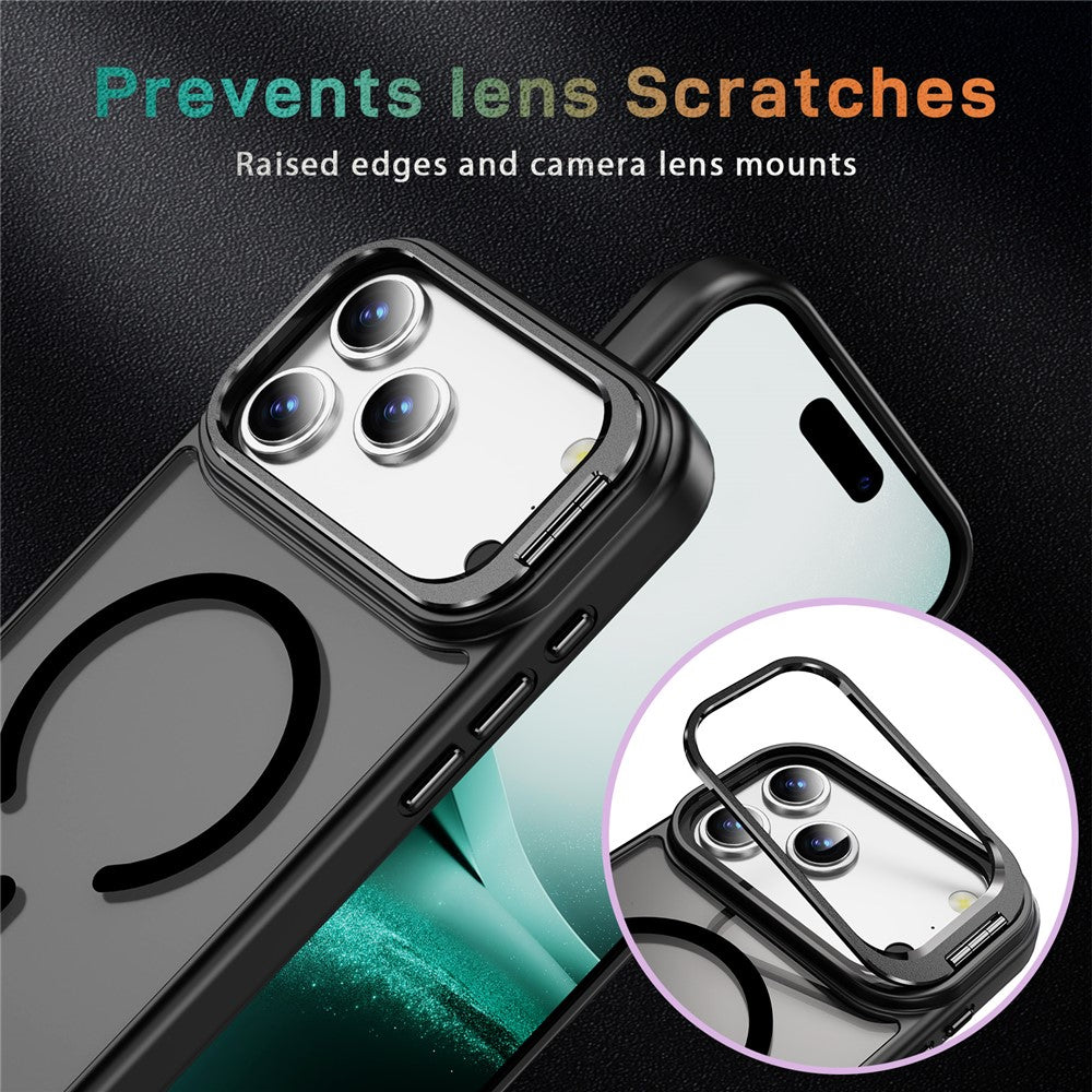 For iPhone 17 Pro Max Magnetic Case with Lens Kickstand Skin-Touch PC + TPU Phone Cover - Black