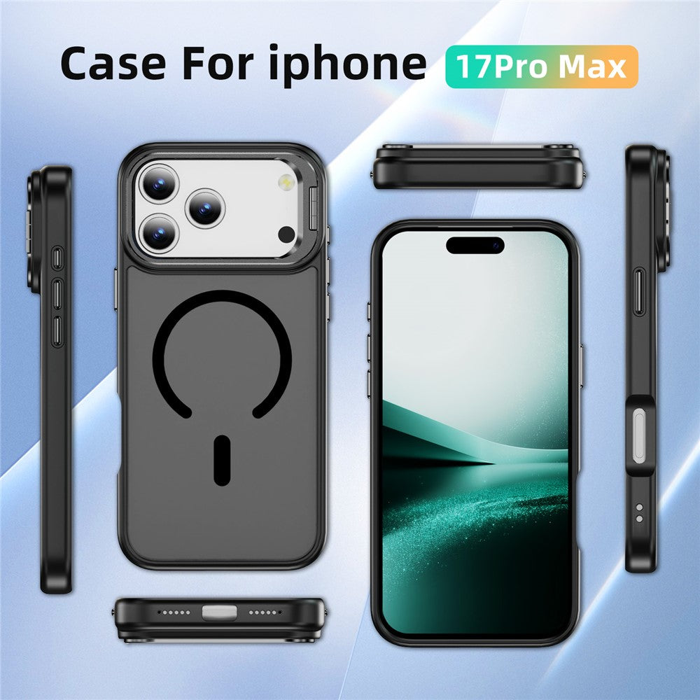 For iPhone 17 Pro Max Magnetic Case with Lens Kickstand Skin-Touch PC + TPU Phone Cover - Black