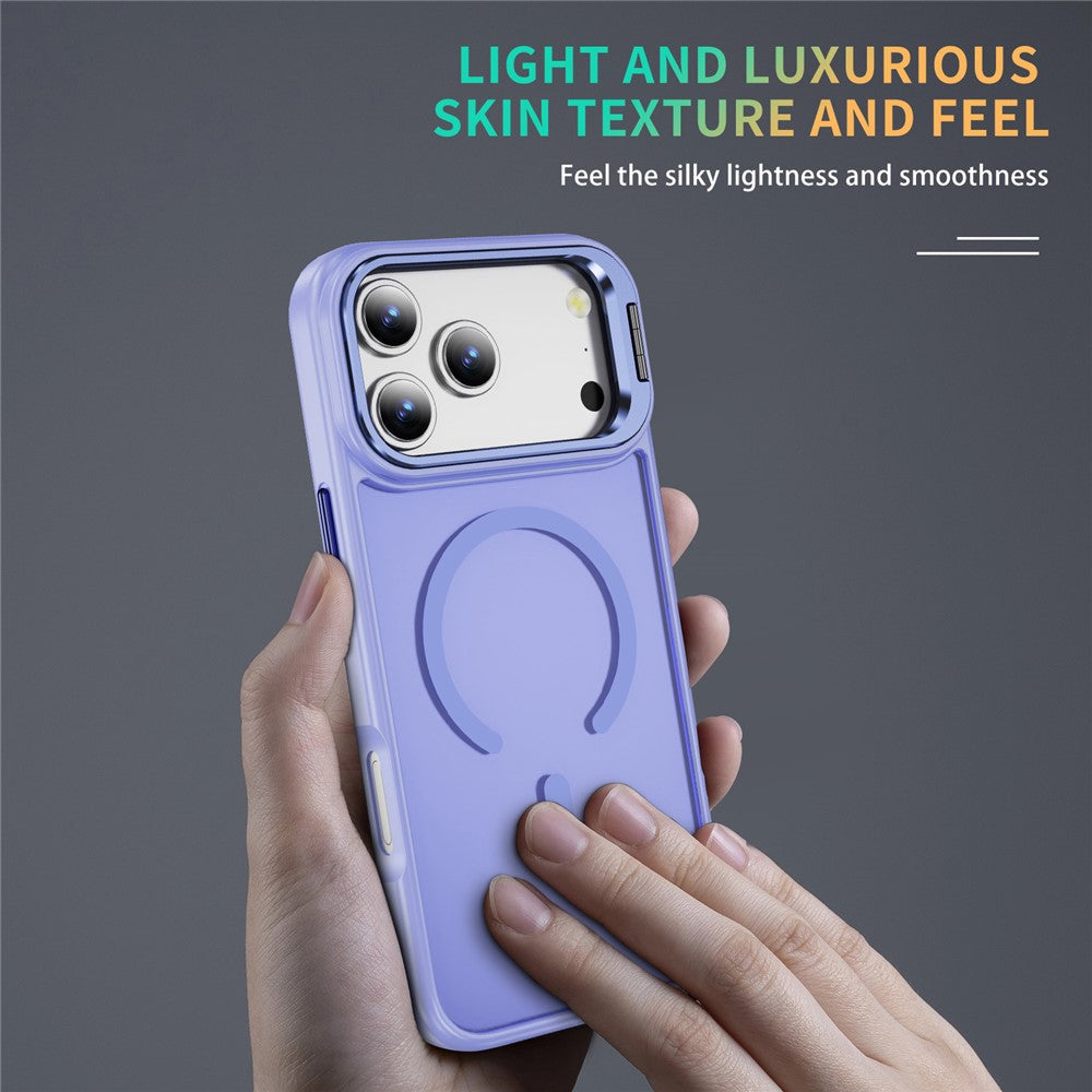 For iPhone 17 Pro Max Magnetic Case with Lens Kickstand Skin-Touch PC + TPU Phone Cover - Light Purple