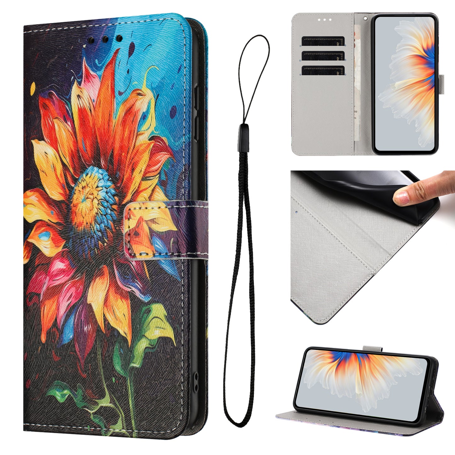 For Oppo Reno14 Pro 5G (China) / Oppo Reno14 Pro 5G (Global) Wallet Case Pattern Printing PU Leather Phone Cover with Lanyard - Sunflower