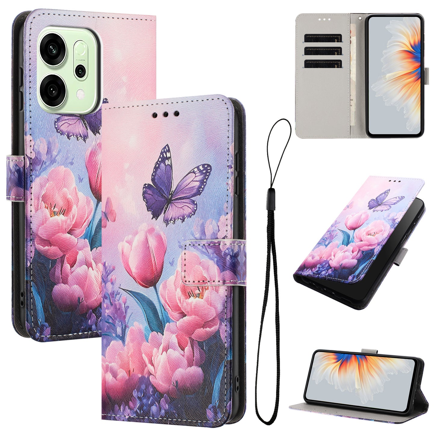 For Oppo Reno14 Pro 5G (China) / Oppo Reno14 Pro 5G (Global) Wallet Case Pattern Printing PU Leather Phone Cover with Lanyard - Pink Flower Butterfly