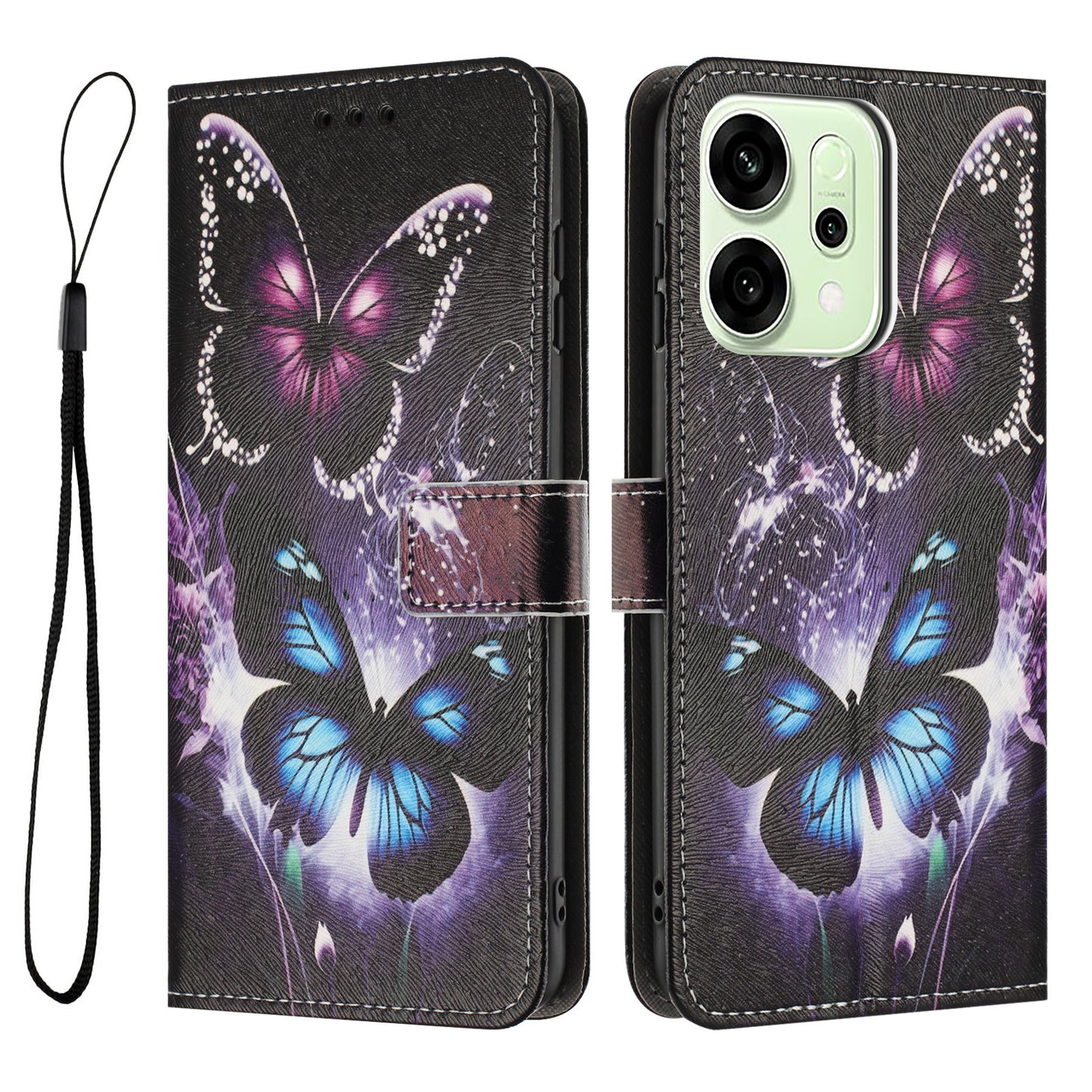 For Oppo Reno14 Pro 5G (China) / Oppo Reno14 Pro 5G (Global) Wallet Case Pattern Printing PU Leather Phone Cover with Lanyard - Two Butterflies
