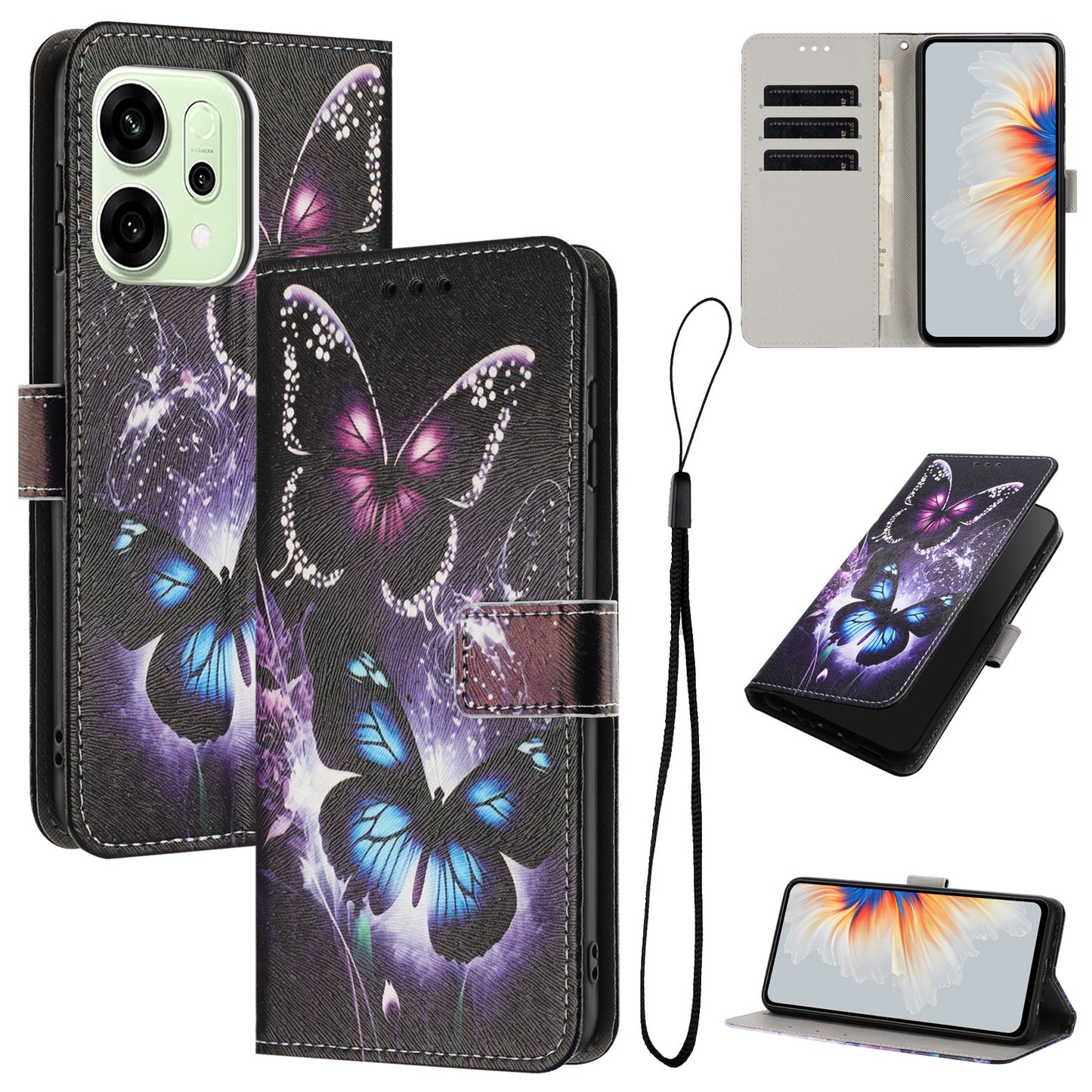 For Oppo Reno14 Pro 5G (China) / Oppo Reno14 Pro 5G (Global) Wallet Case Pattern Printing PU Leather Phone Cover with Lanyard - Two Butterflies