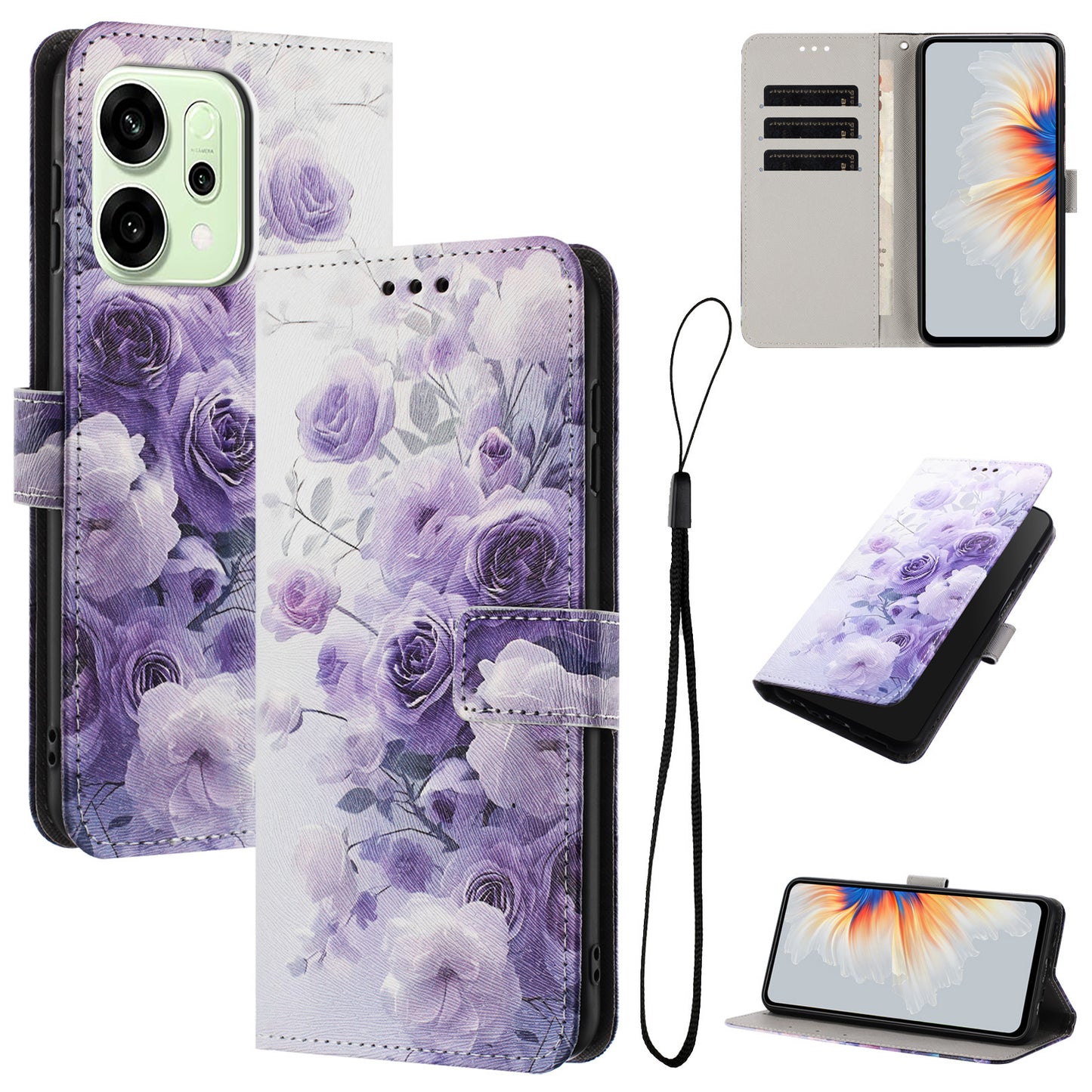 For Oppo Reno14 Pro 5G (China) / Oppo Reno14 Pro 5G (Global) Wallet Case Pattern Printing PU Leather Phone Cover with Lanyard - Purple Rose