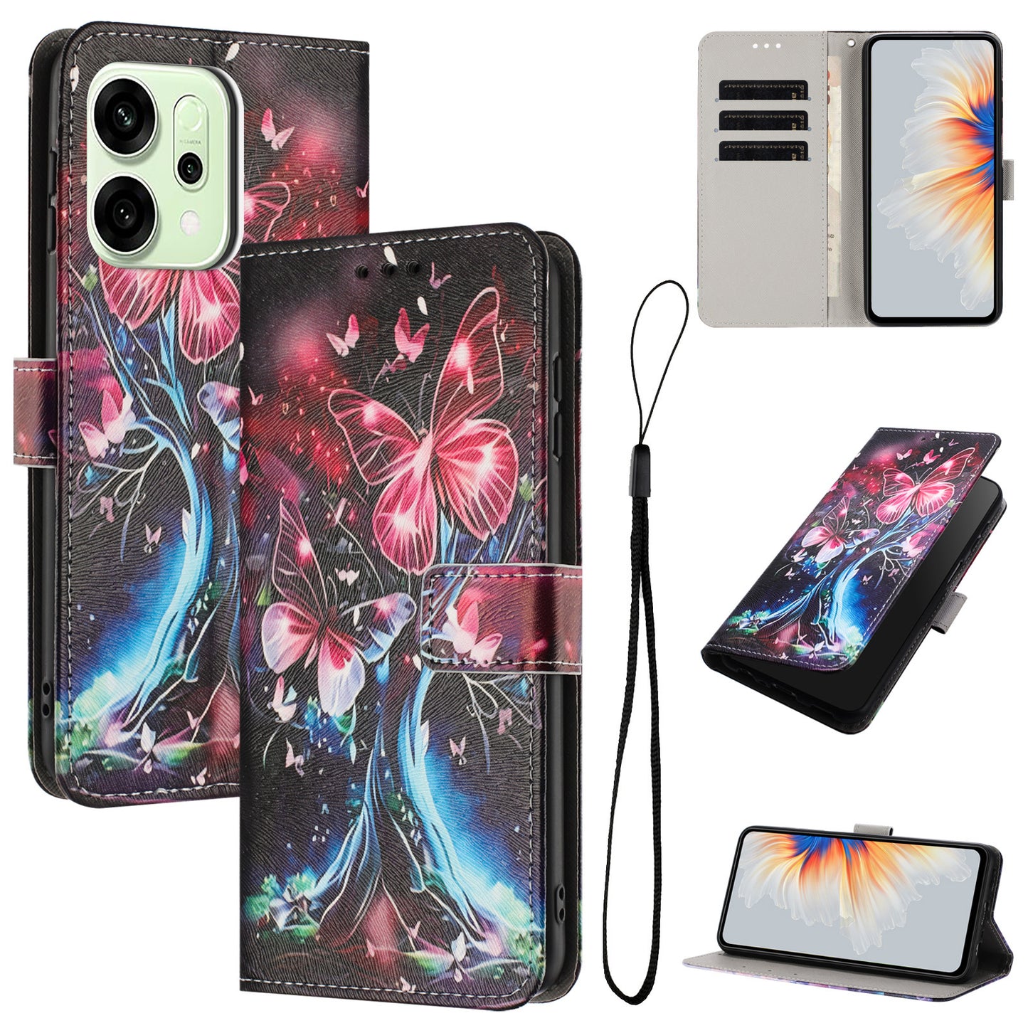 For Oppo Reno14 Pro 5G (China) / Oppo Reno14 Pro 5G (Global) Wallet Case Pattern Printing PU Leather Phone Cover with Lanyard - Butterfly Tree