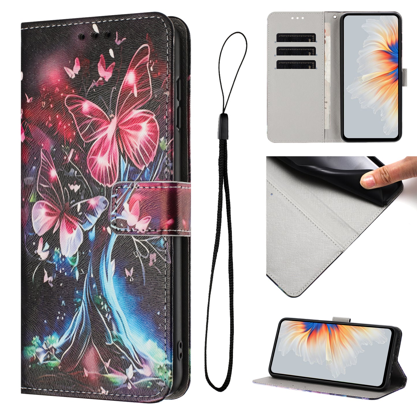 For Oppo Reno14 Pro 5G (China) / Oppo Reno14 Pro 5G (Global) Wallet Case Pattern Printing PU Leather Phone Cover with Lanyard - Butterfly Tree