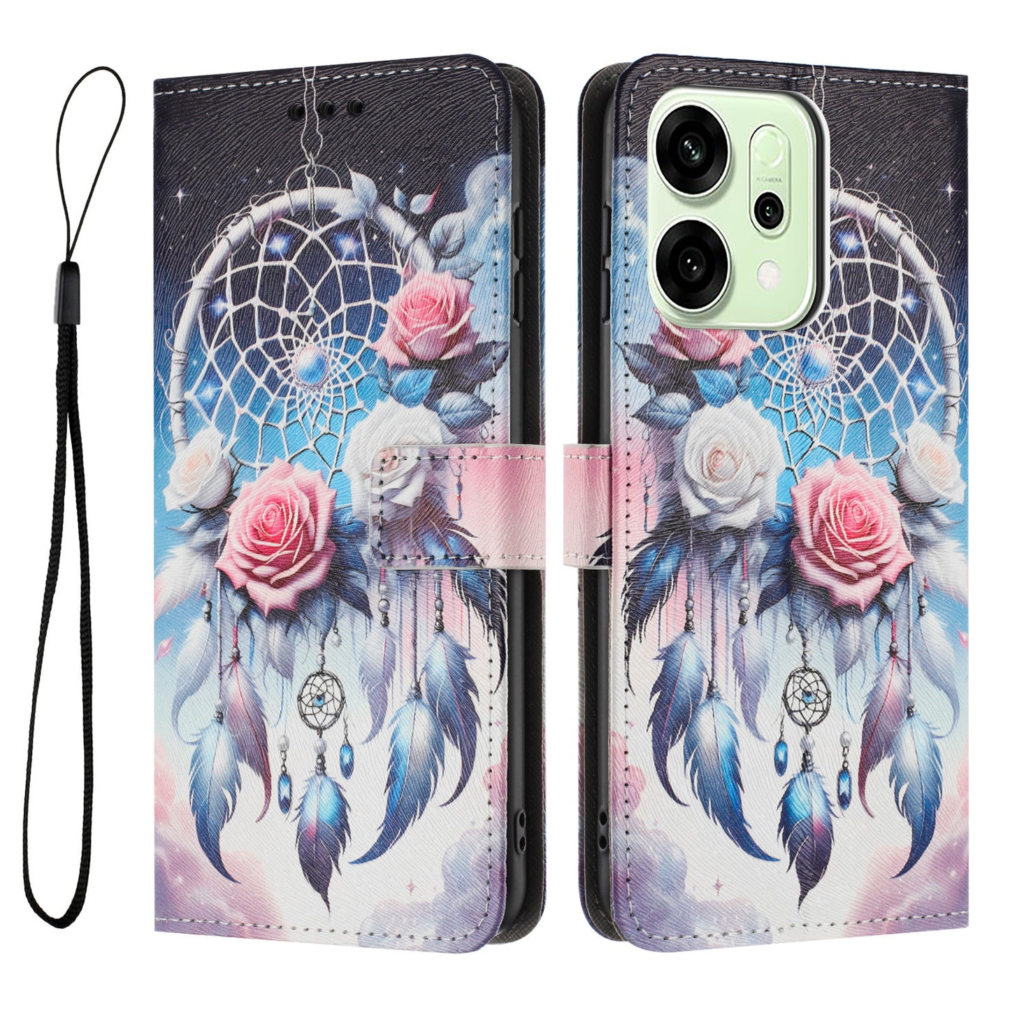 For Oppo Reno14 Pro 5G (China) / Oppo Reno14 Pro 5G (Global) Wallet Case Pattern Printing PU Leather Phone Cover with Lanyard - Flower Wind Chime