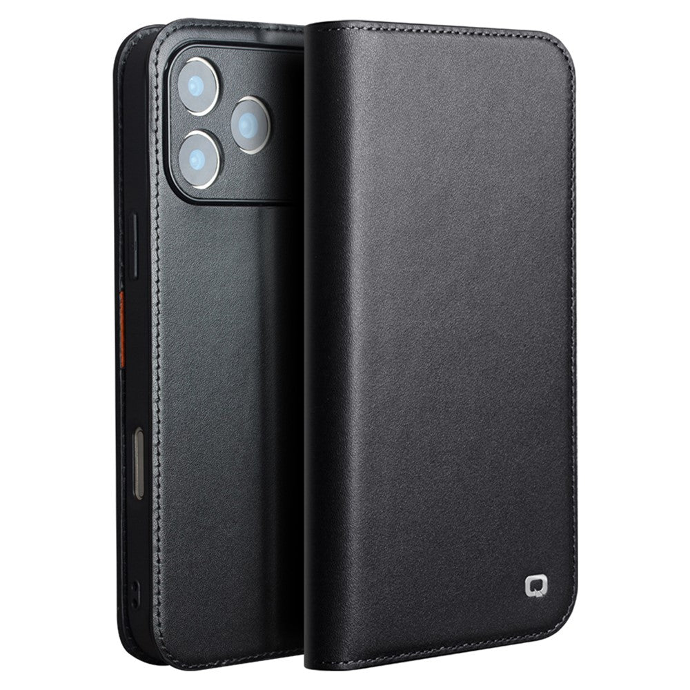 QIALINO For iPhone 17 Pro Max Case Wallet Flip Stand Phone Cover Genuine Cow Leather - Black