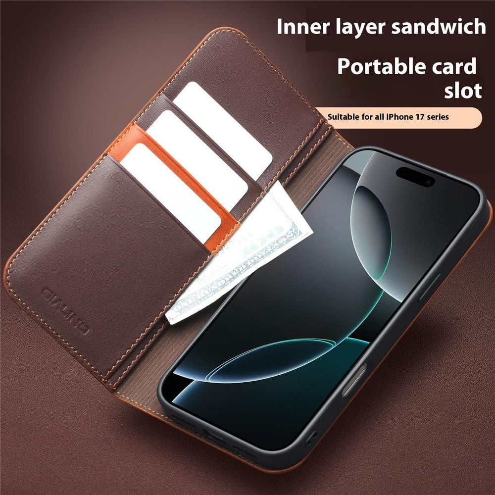 QIALINO For iPhone 17 Pro Max Case Wallet Flip Stand Phone Cover Genuine Cow Leather - Black