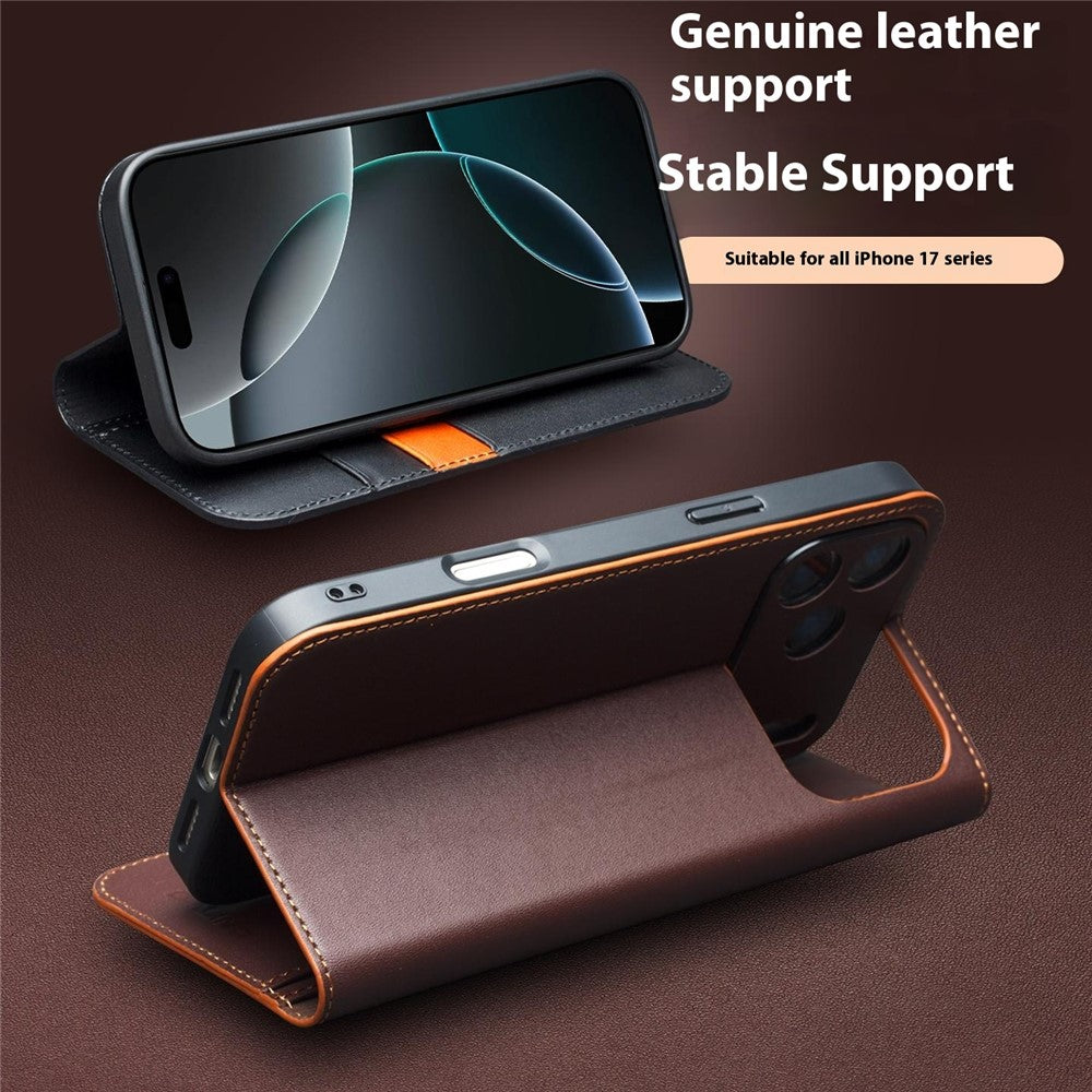 QIALINO For iPhone 17 Pro Max Case Wallet Flip Stand Phone Cover Genuine Cow Leather - Black