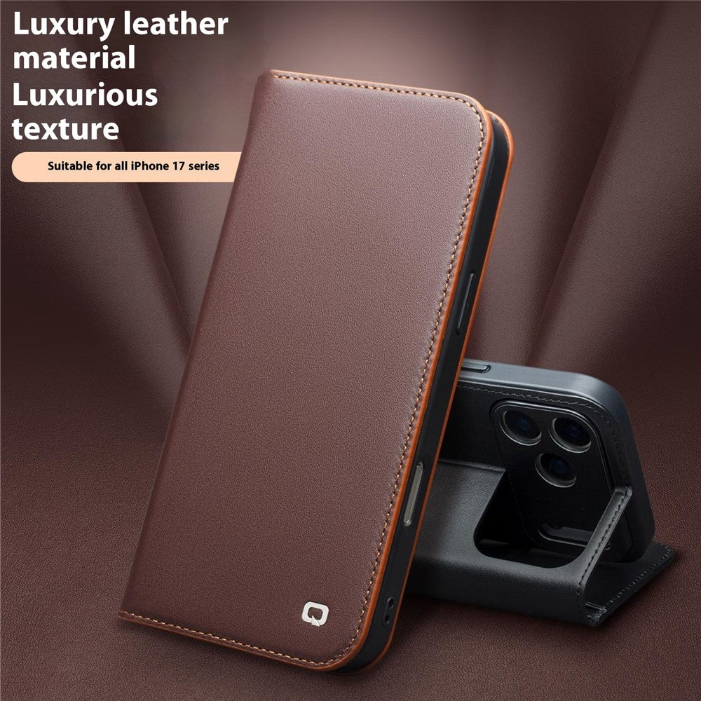 QIALINO For iPhone 17 Pro Max Case Wallet Flip Stand Phone Cover Genuine Cow Leather - Black