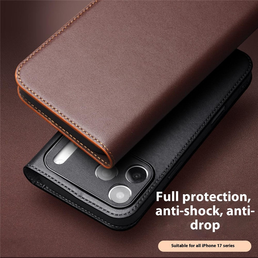 QIALINO For iPhone 17 Pro Max Case Wallet Flip Stand Phone Cover Genuine Cow Leather - Black