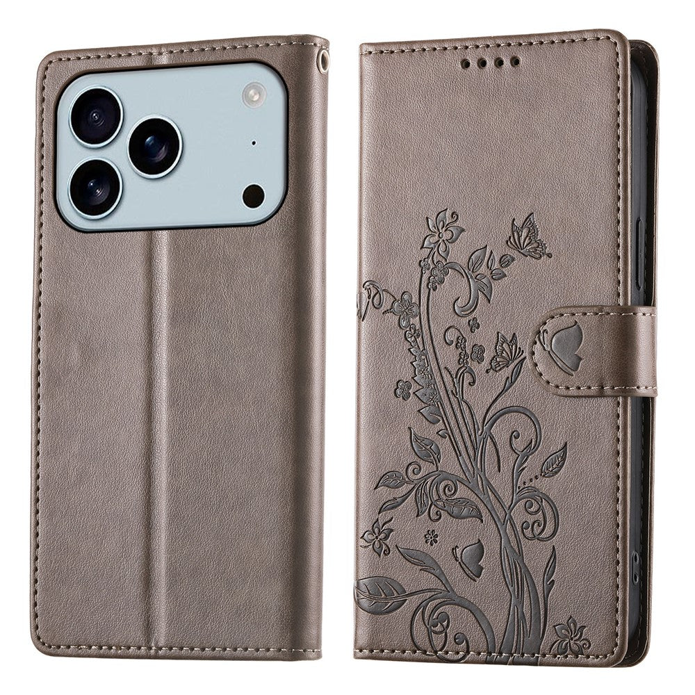 For iPhone 17 Pro Max Wallet Case Butterfly Floral Imprint PU Leather Phone Cover with Wrist Strap - Grey