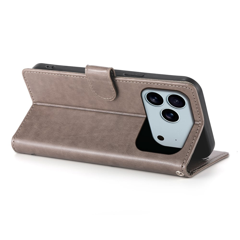 For iPhone 17 Pro Max Wallet Case Butterfly Floral Imprint PU Leather Phone Cover with Wrist Strap - Grey