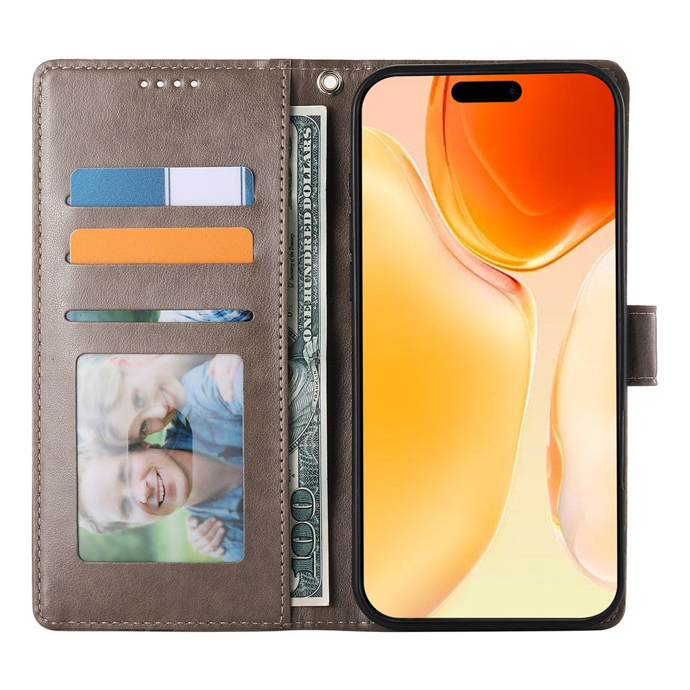 For iPhone 17 Pro Max Wallet Case Butterfly Floral Imprint PU Leather Phone Cover with Wrist Strap - Grey