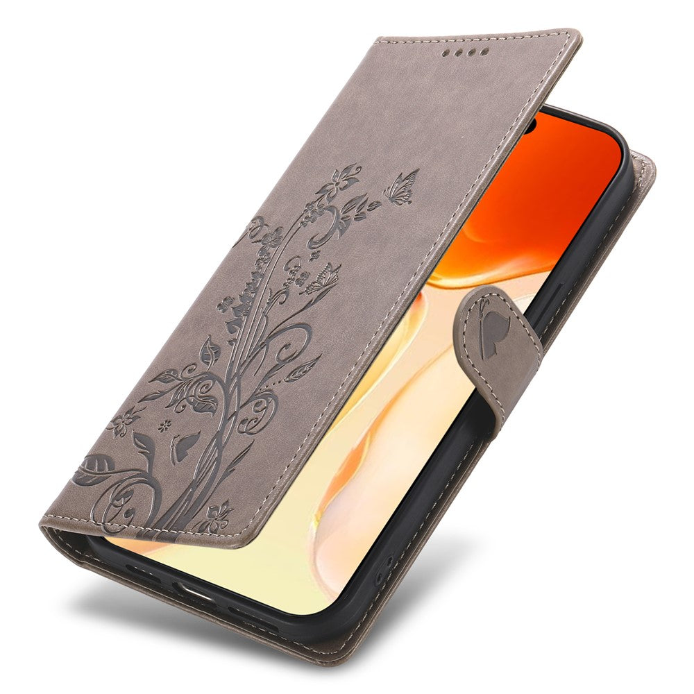 For iPhone 17 Pro Max Wallet Case Butterfly Floral Imprint PU Leather Phone Cover with Wrist Strap - Grey