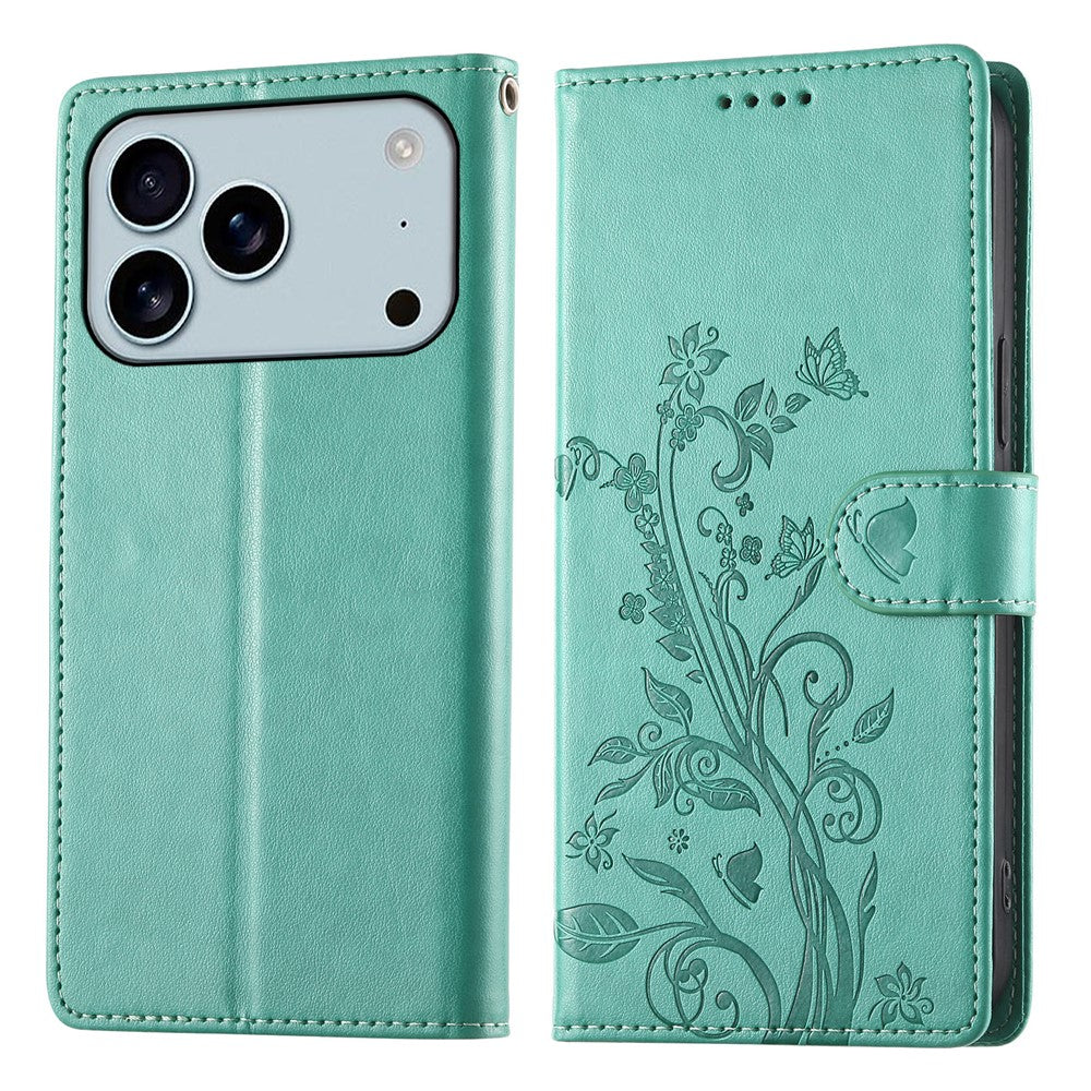 For iPhone 17 Pro Max Wallet Case Butterfly Floral Imprint PU Leather Phone Cover with Wrist Strap - Green