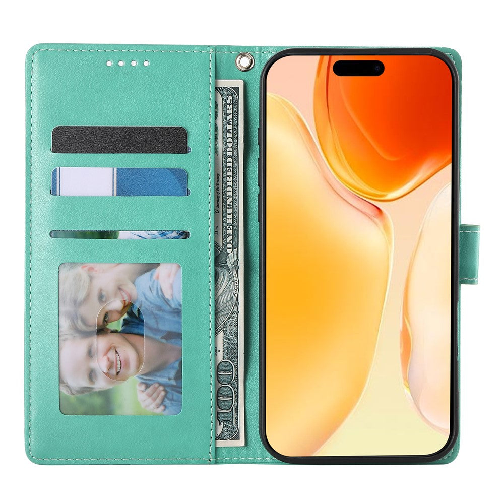 For iPhone 17 Pro Max Wallet Case Butterfly Floral Imprint PU Leather Phone Cover with Wrist Strap - Green