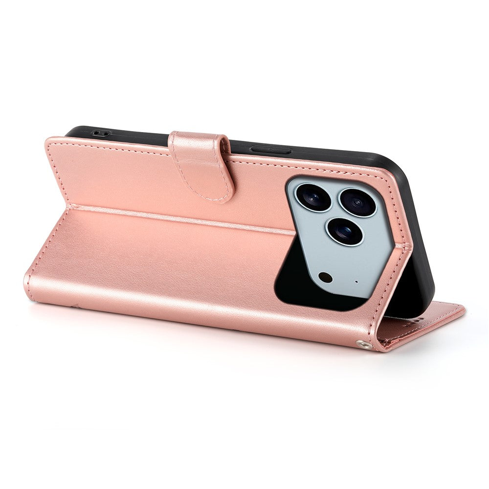 For iPhone 17 Pro Max Wallet Case Butterfly Floral Imprint PU Leather Phone Cover with Wrist Strap - Rose Gold