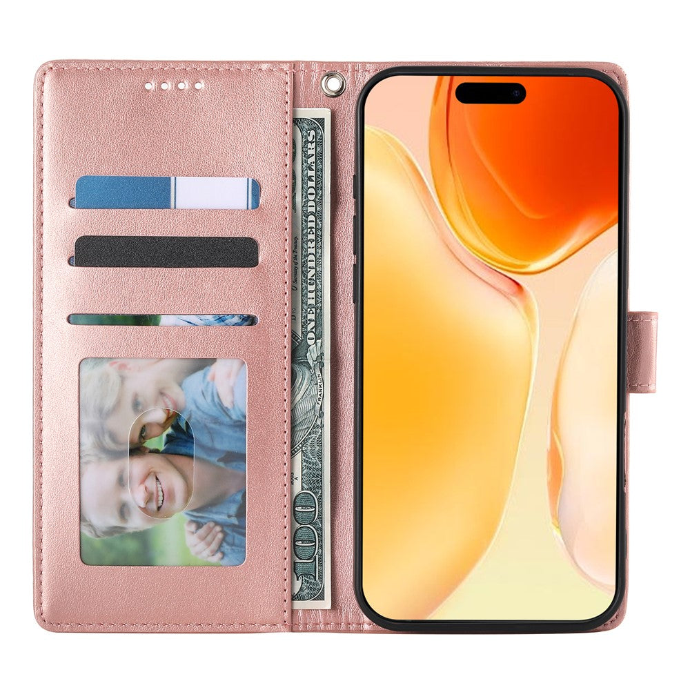 For iPhone 17 Pro Max Wallet Case Butterfly Floral Imprint PU Leather Phone Cover with Wrist Strap - Rose Gold