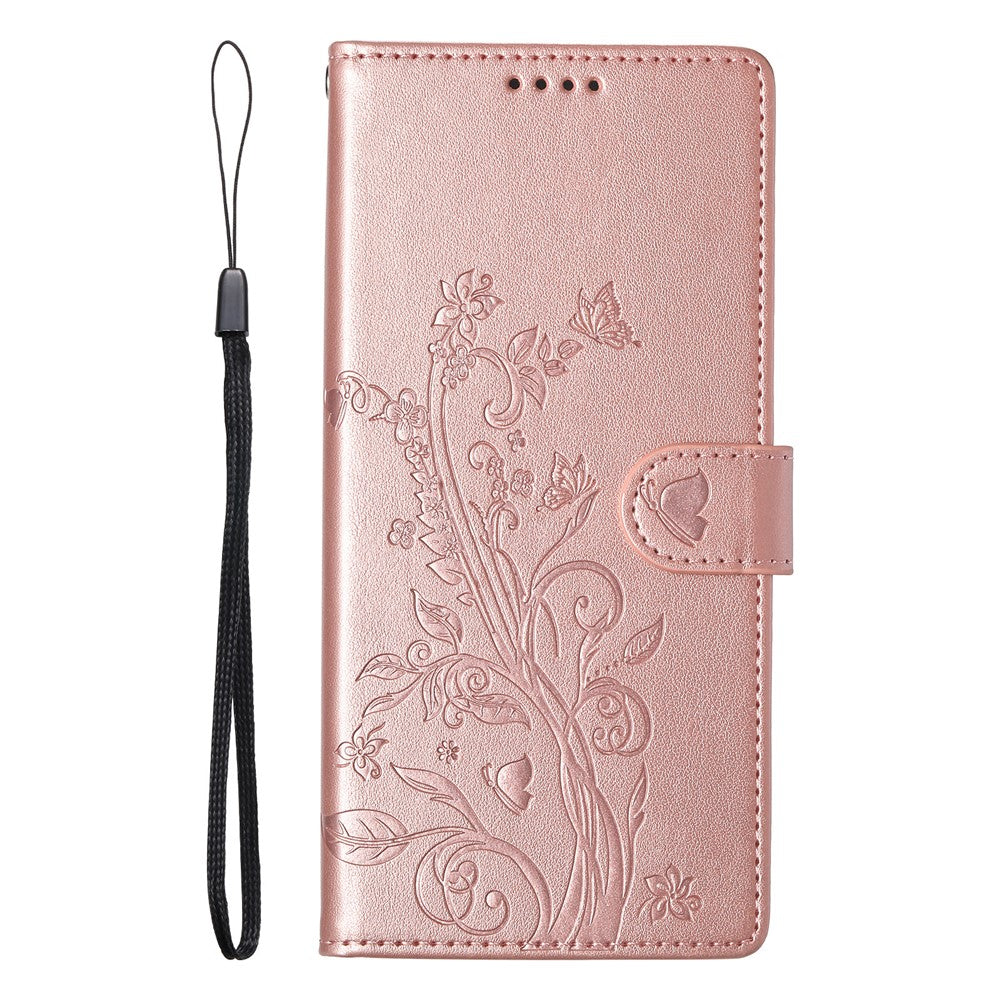 For iPhone 17 Pro Max Wallet Case Butterfly Floral Imprint PU Leather Phone Cover with Wrist Strap - Rose Gold