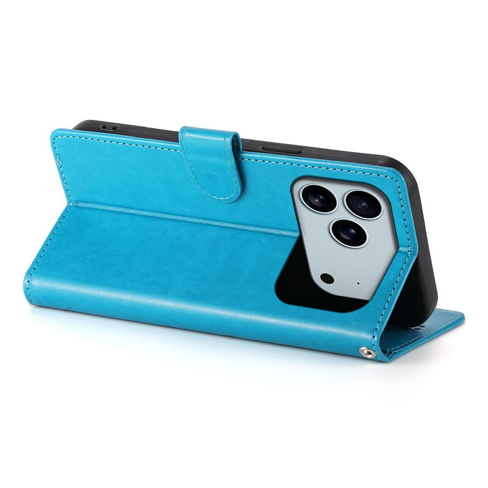 For iPhone 17 Pro Max Wallet Case Butterfly Floral Imprint PU Leather Phone Cover with Wrist Strap - Blue