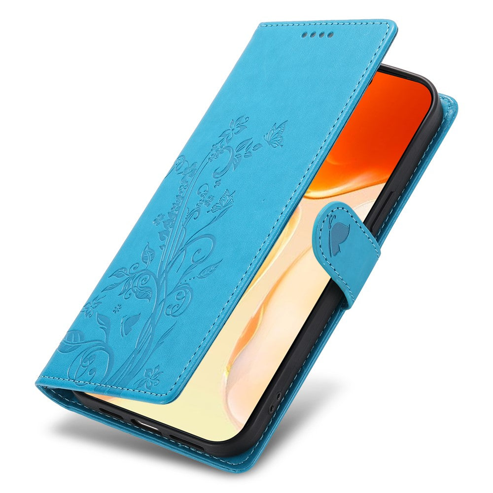 For iPhone 17 Pro Max Wallet Case Butterfly Floral Imprint PU Leather Phone Cover with Wrist Strap - Blue