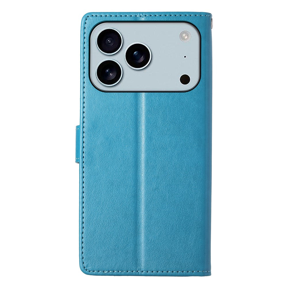 For iPhone 17 Pro Max Wallet Case Butterfly Floral Imprint PU Leather Phone Cover with Wrist Strap - Blue