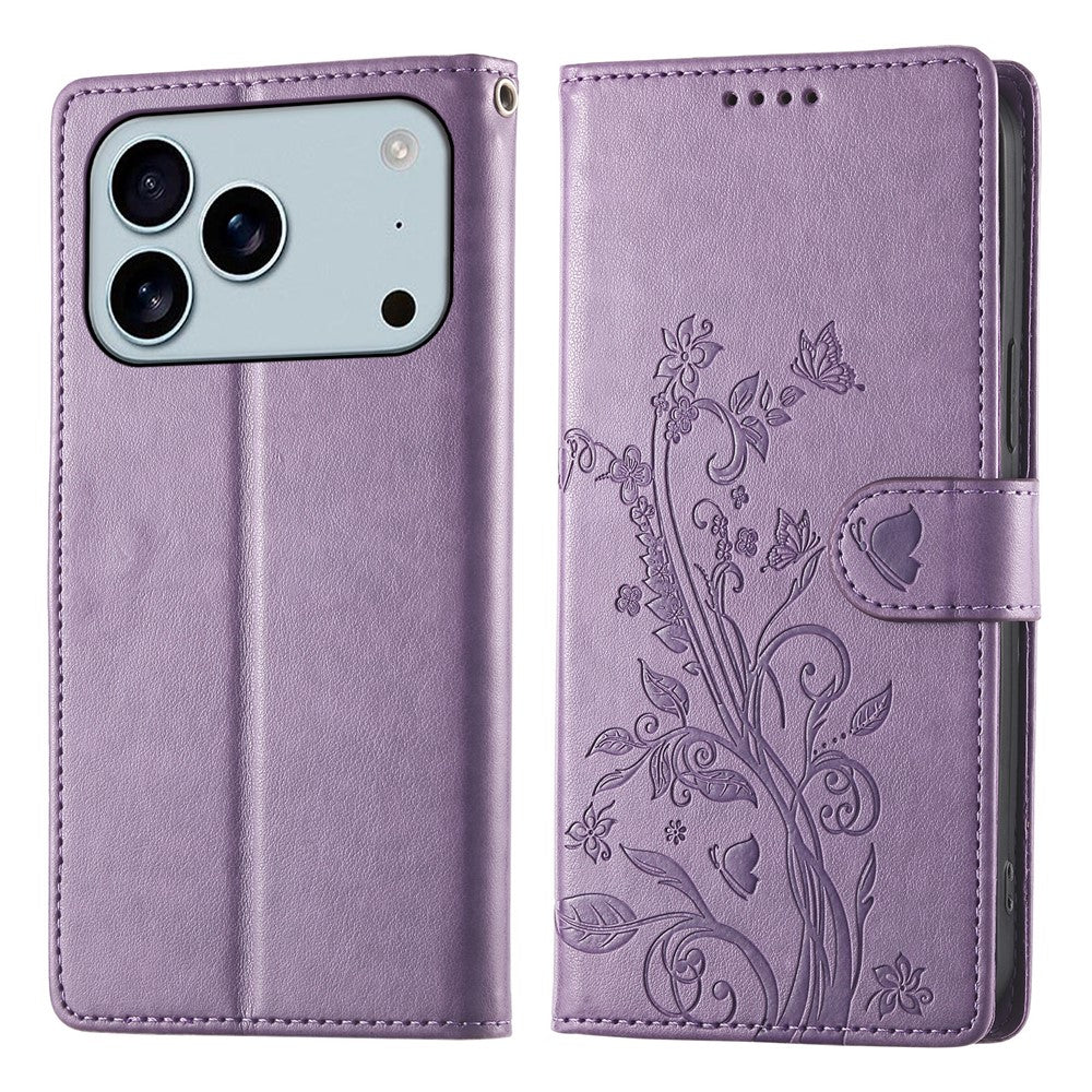 For iPhone 17 Pro Max Wallet Case Butterfly Floral Imprint PU Leather Phone Cover with Wrist Strap - Purple