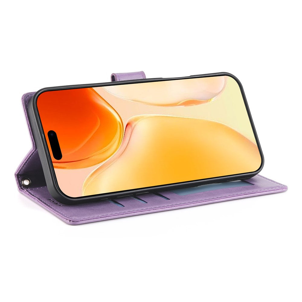 For iPhone 17 Pro Max Wallet Case Butterfly Floral Imprint PU Leather Phone Cover with Wrist Strap - Purple