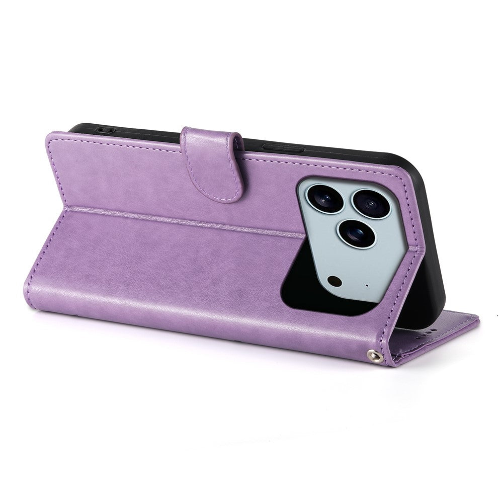 For iPhone 17 Pro Max Wallet Case Butterfly Floral Imprint PU Leather Phone Cover with Wrist Strap - Purple