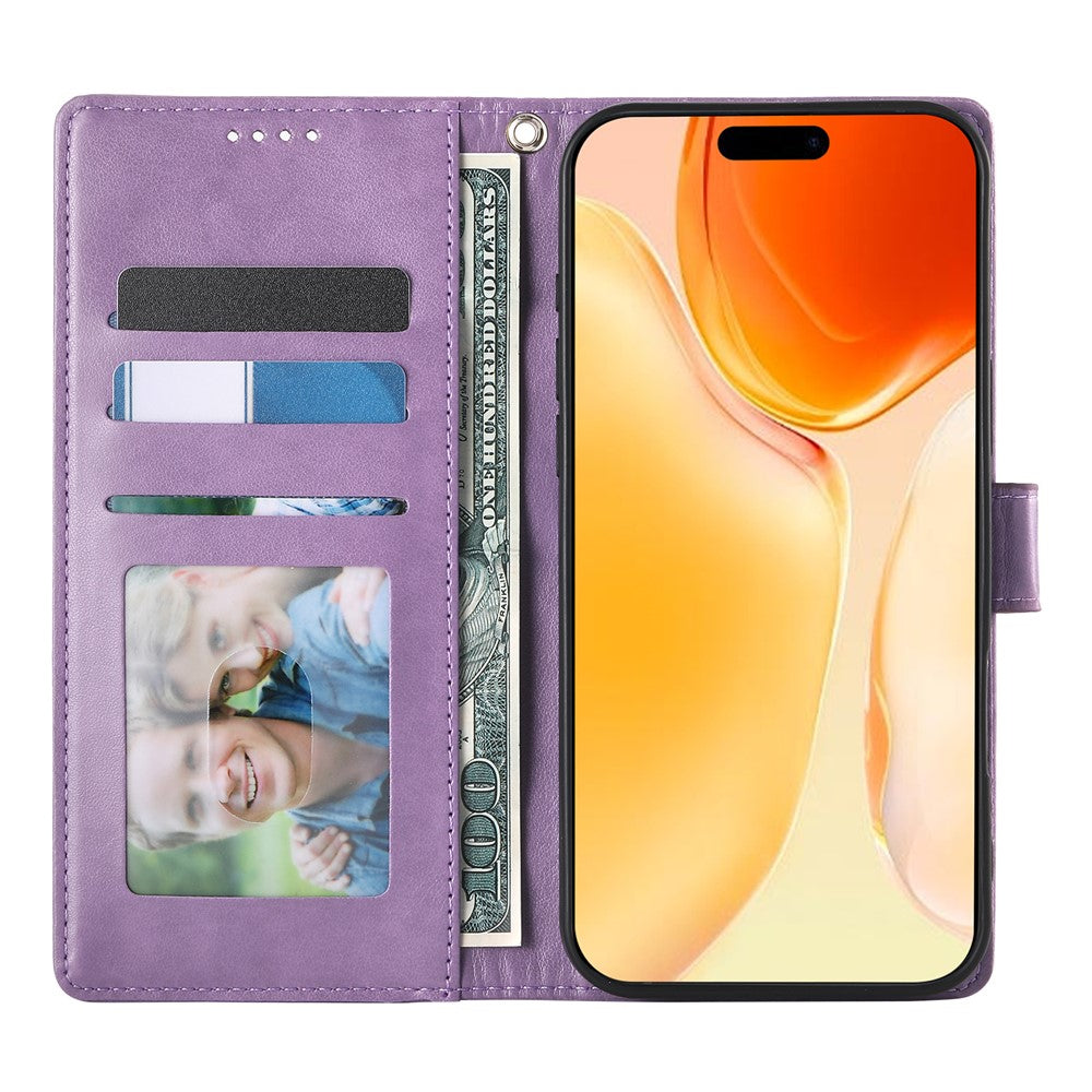 For iPhone 17 Pro Max Wallet Case Butterfly Floral Imprint PU Leather Phone Cover with Wrist Strap - Purple