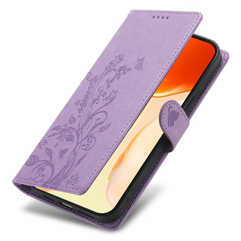 For iPhone 17 Pro Max Wallet Case Butterfly Floral Imprint PU Leather Phone Cover with Wrist Strap - Purple