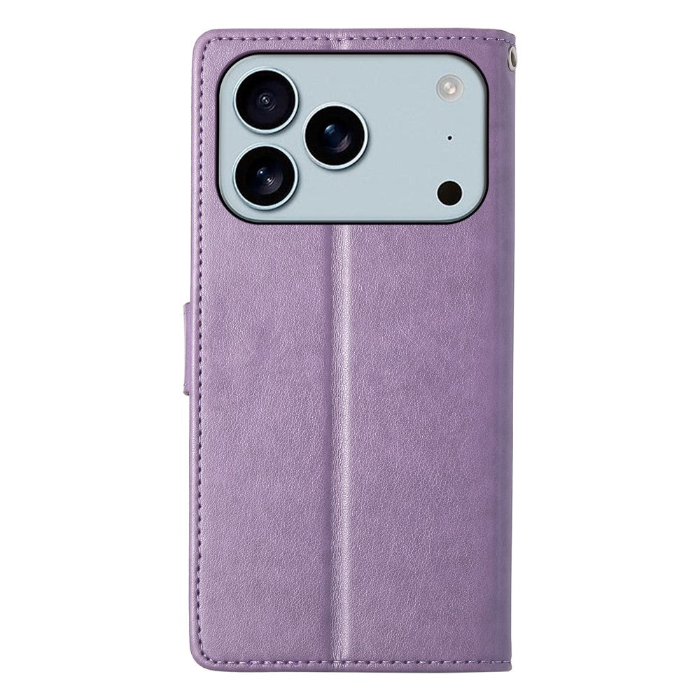 For iPhone 17 Pro Max Wallet Case Butterfly Floral Imprint PU Leather Phone Cover with Wrist Strap - Purple